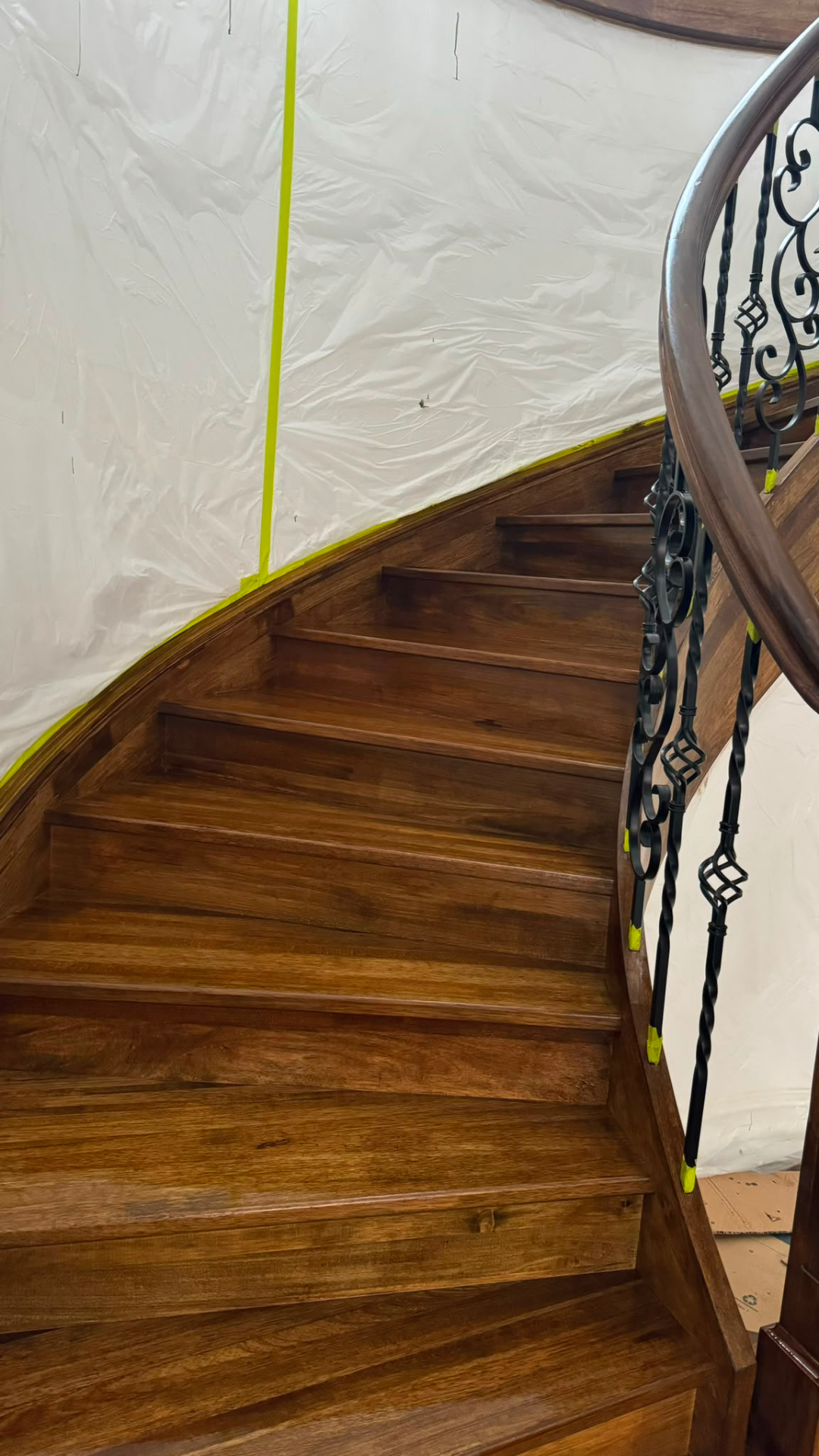 Curved timber staircase wood polishing, Melbourne