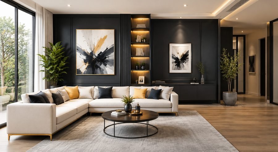 Modern living room with black feature wall and cream sectional sofa painted by MU Painting Group, Melbourne